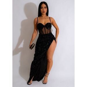 Micas Party Birthday Sexy‎ Sequins Sheer Mesh Patch Slit Cocktail Dress L